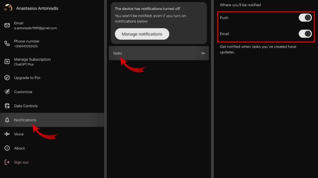 Allow email and push notifications on ChatGPT Android app