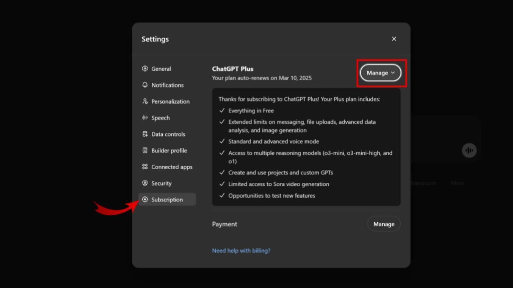 ChatGPT Subscription settings
