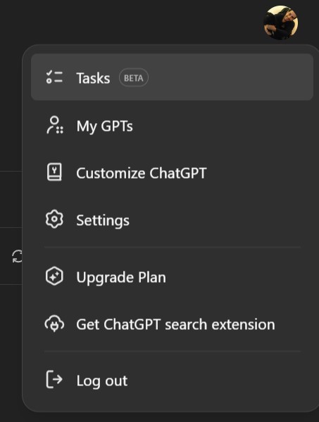 Tasks option in ChatGPT dot com